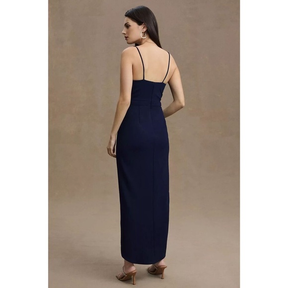 Anthropologie BHLDN Lyra V-neck Faux Wrap Stretch Crepe Navy Midi Dress sz 2 - Picture 2 of 8